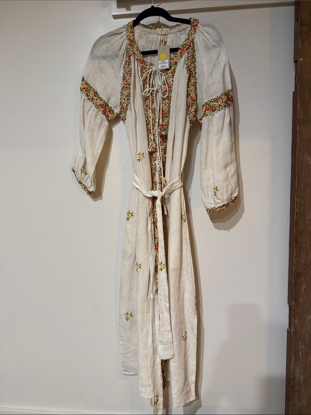 Boho Cream Maxi Dress with Floral Trim and Tie Waist